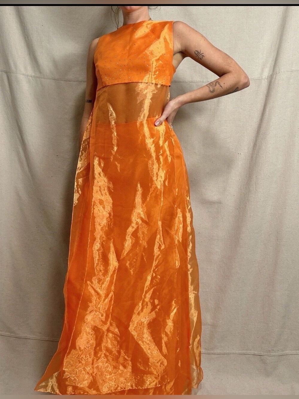 Vintage Y2K Jessica McClintock Gunne Sax Orange Sheer Maxi Dress Set Size 7
